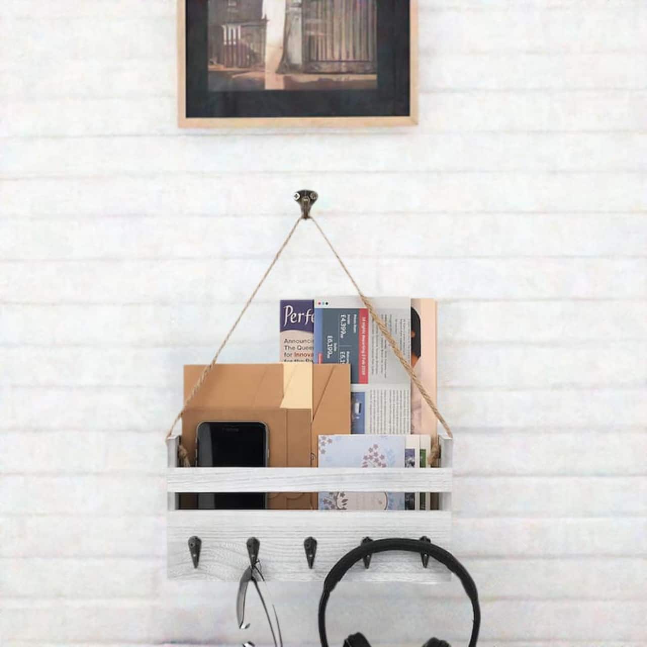 NEX™ Gray-Whitewash Hanging Wall-Mounted Mail Organizer with 5 Hooks